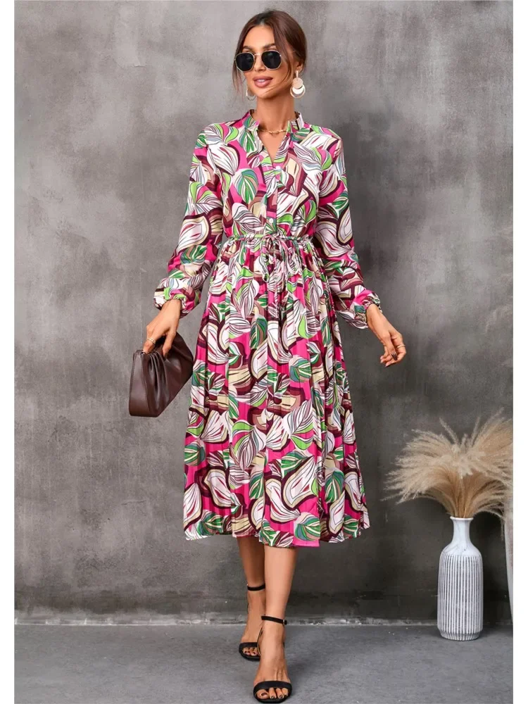 Robe plissée mi-longue à lacets pour femmes, nouvelle mode d'automne, imprimé feuilles, taille moyenne, manches longues, col de chemise, décontractée, confortable
