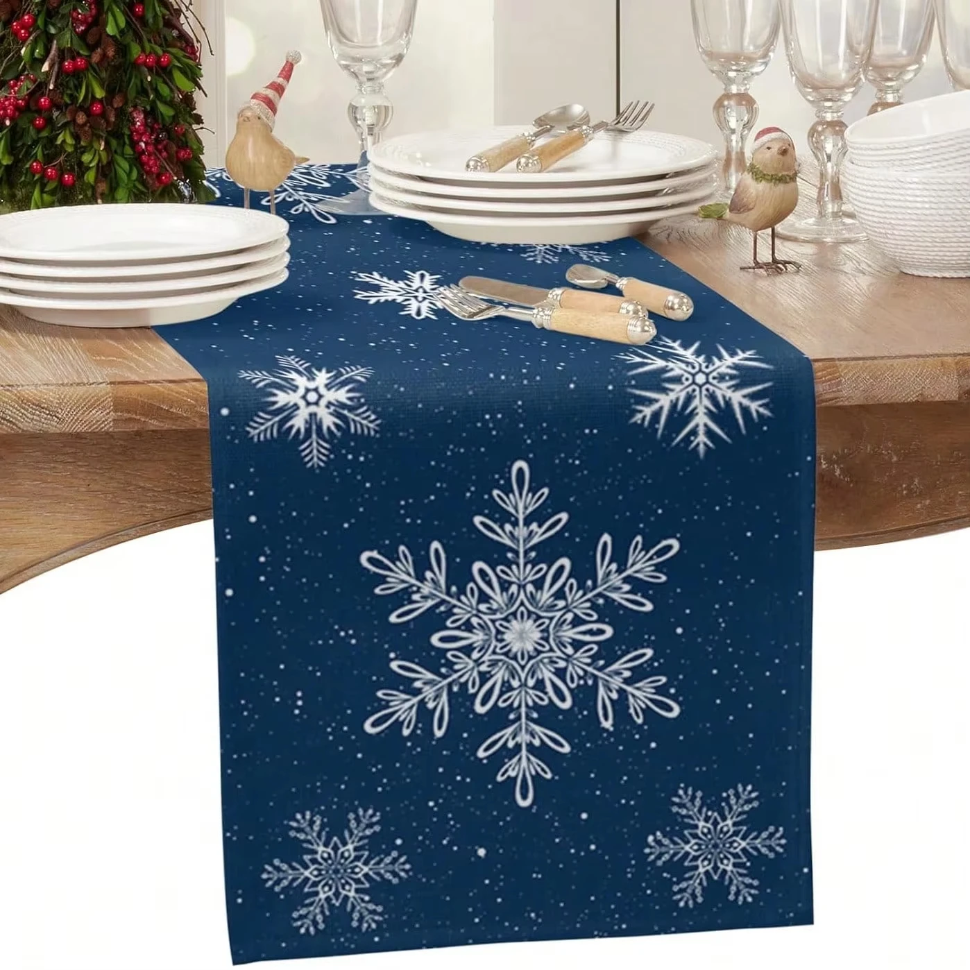 Table Runner Navy Blue Snowflake - Flat Print with Snowflake, Christmas Tree & Holly Patterns, Linen Texture, Cozy for Dining