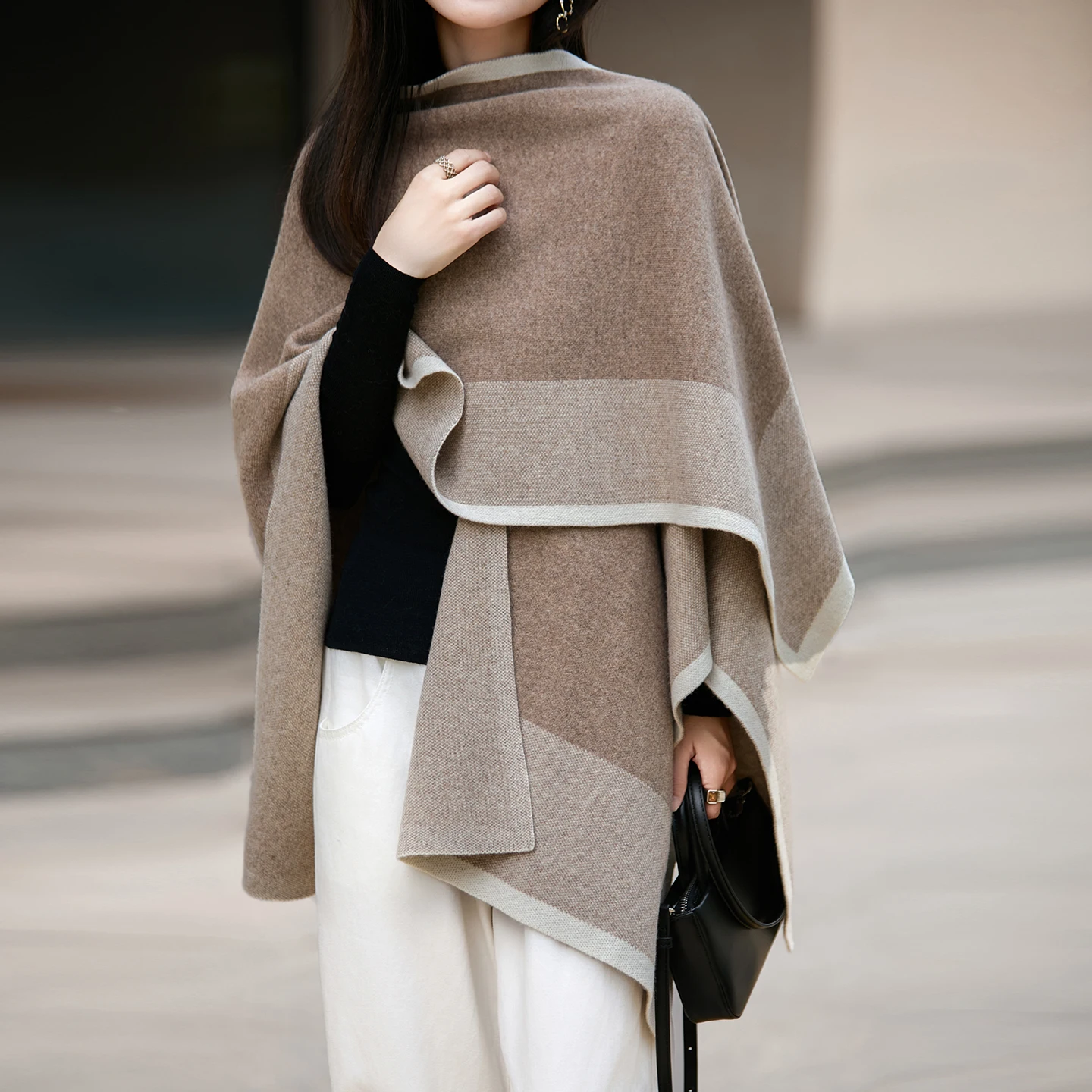 high-end-100-merino-wool-cape-shawl-women's-color-block-soft-warm-wrap-coat-stylish-elegant-winter-outerwear-cloak