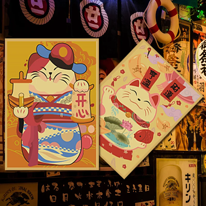 Japanese Style Lucky Cat Kraft Paper Poster, Izakaya Sushi Restaurant, Retro Soft Decoration, Decorative Painting