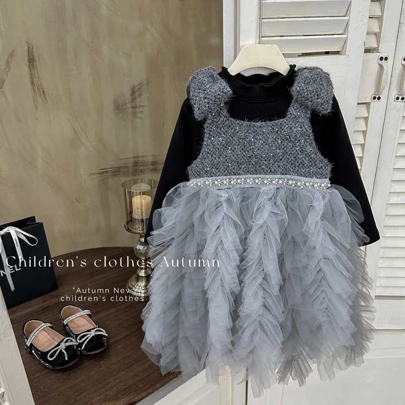 

Girls' Dress2025Autumn Winter New Fashionable Princess Dress Pearl Bow Mesh Skirt Fleece Lined Gown Trendy