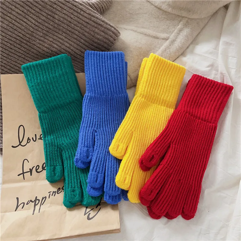 Women Winter Knitted Gloves Solid Color Touch Screen 2‑Finger Exposed Warm Stretch Soft Student Writing Driving Outdoor Gloves
