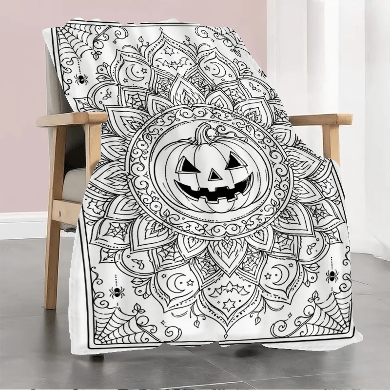 Black White Halloween Mandala Flannel Throw Blanket,Jack‑o‑Lantern Spider Print for Sofa Couch Bed Living Room Home Decor Gift