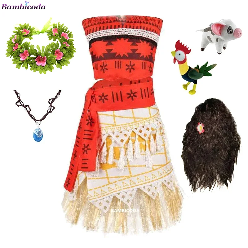 Moana Kleid Kinder Cosplay Mädchen Kleidung Prinzessin Kinder Geburtstags feier Kostüm mit Halskette Haustier Schwein Küken setzt Kinder kleider