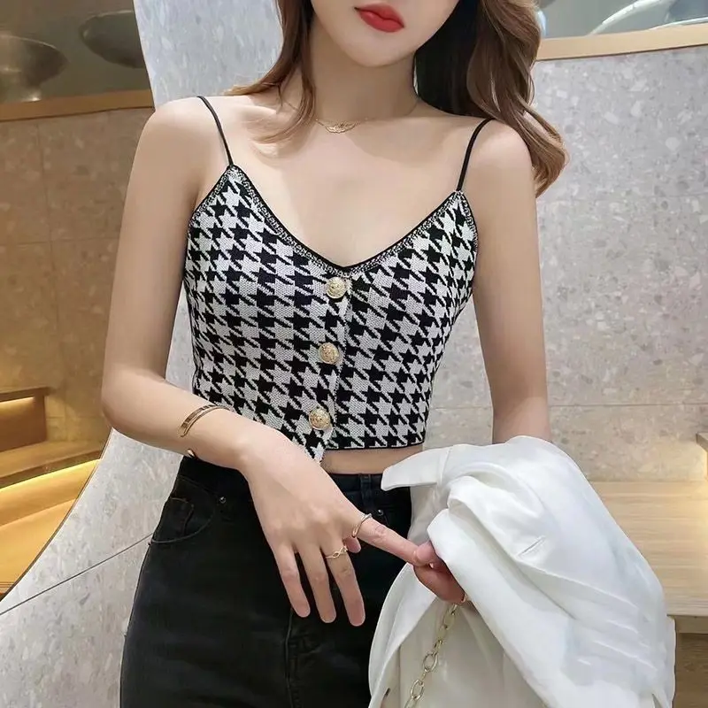 Spring Summer Temperament Houndstooth Top Tee Female Fashion Buttons Irregular Knitting Sling Camis 2024 New Fashionable Tops