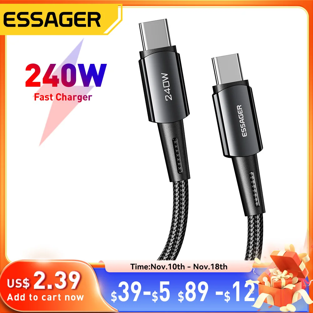 Essager 240W Super Fast Charge Type-C 67W Cable Quick Charge USB Cable 6A For Xiaomi 12Pro Redmi K50 Note 11Pro Black Shark 5Pro