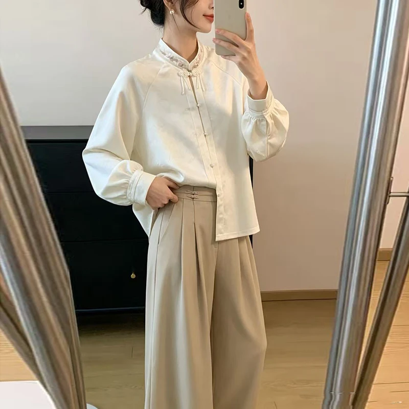 New Chinese Style Embroidered Long Sleeve Shirt Women's Stand Collar Raised Pattern Button Modified Traditional Trend Top