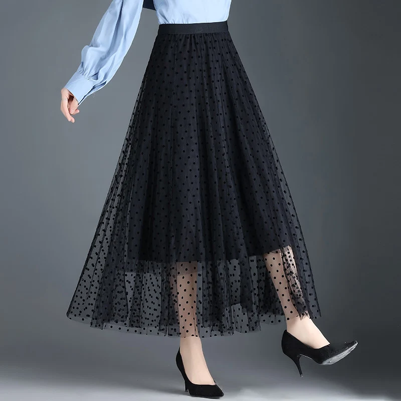 

Autumn Winter Fashion Polka Dots Tulle Skirt Women Elegant Long Maxi Skirt Female Black Khaki High Waist Party A-Line Skirt Lady