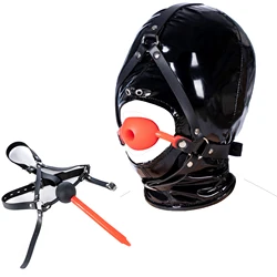 Leather Wetlook BDSM Mask Hood Gimp Open Mouth,Silicone Ball Gag with Hole,Bondage Gear Head Harness,Erotic Sex Toys For Couples