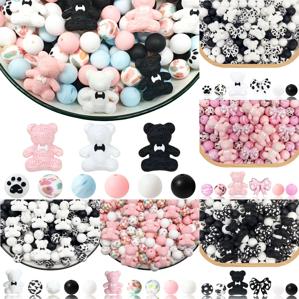 25/32/53PCS Bow Bear Series Silicone Bead Set, Perfect for DIY Handmade Crafts Such as Keychains, Necklaces, Bracelets, Etc