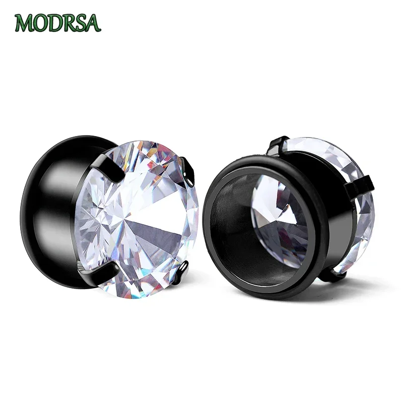 MODRSA 1Pair Stainless Steel Piercing Ear Strechers Zircon 5-20mm Ear Plugs and Tunnels Earrings Black Punk Piercing Jewelry