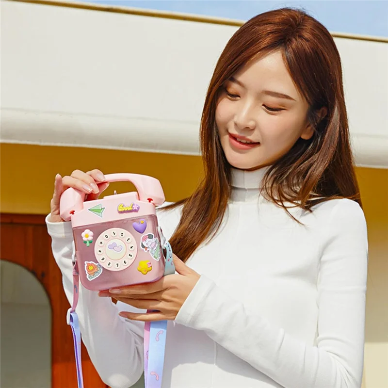 A44F-Creatives Retro Telephone Shape Water Bottle With Adjustable Shoulder Strap, Drinking Bottles With 3D Sticker