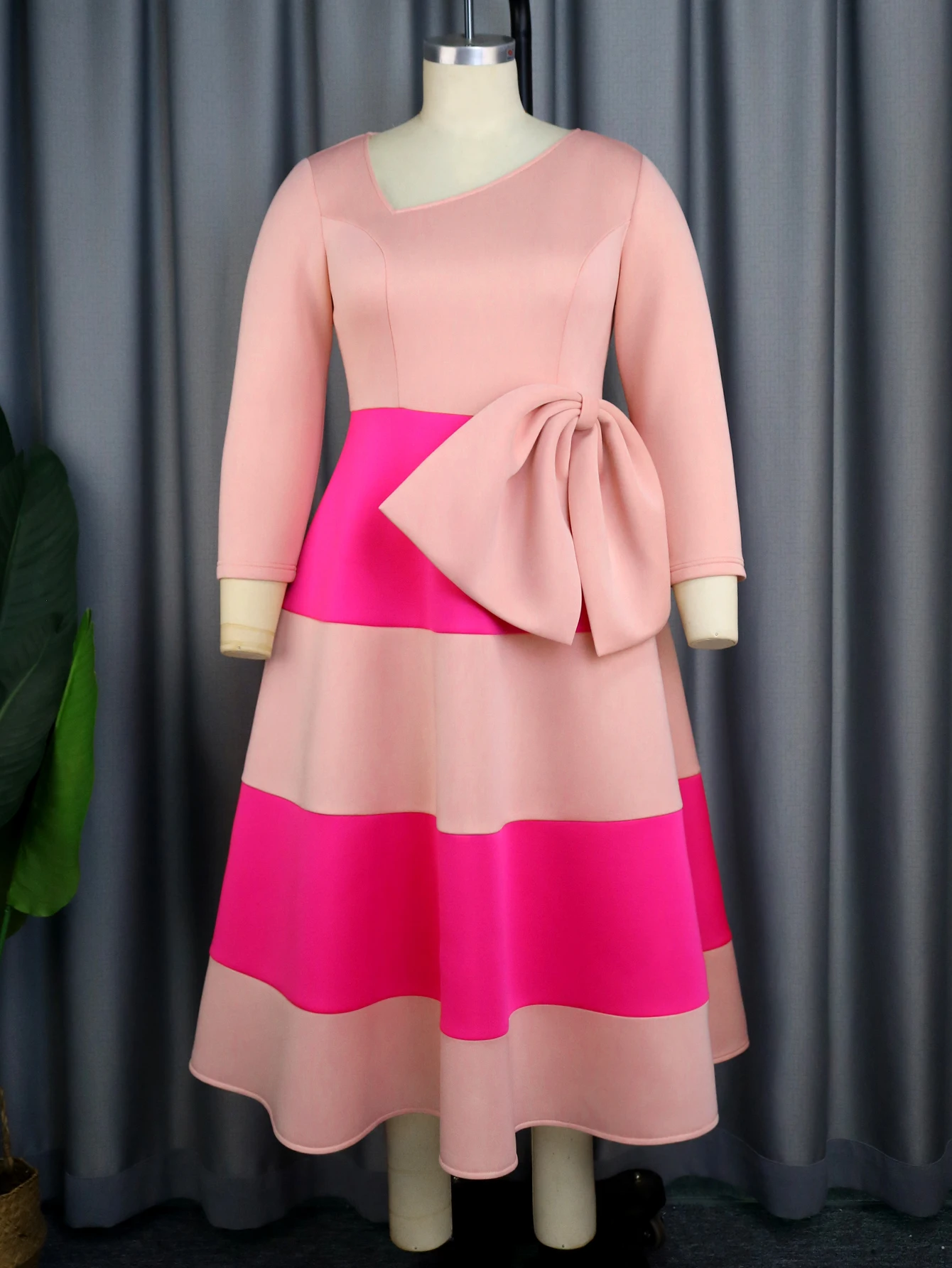 Women Pink Dress A Line Patchwork Pleataed Long Sleeves Asymmetrical Collar Block Color African Female Gowns Occasion Robes New