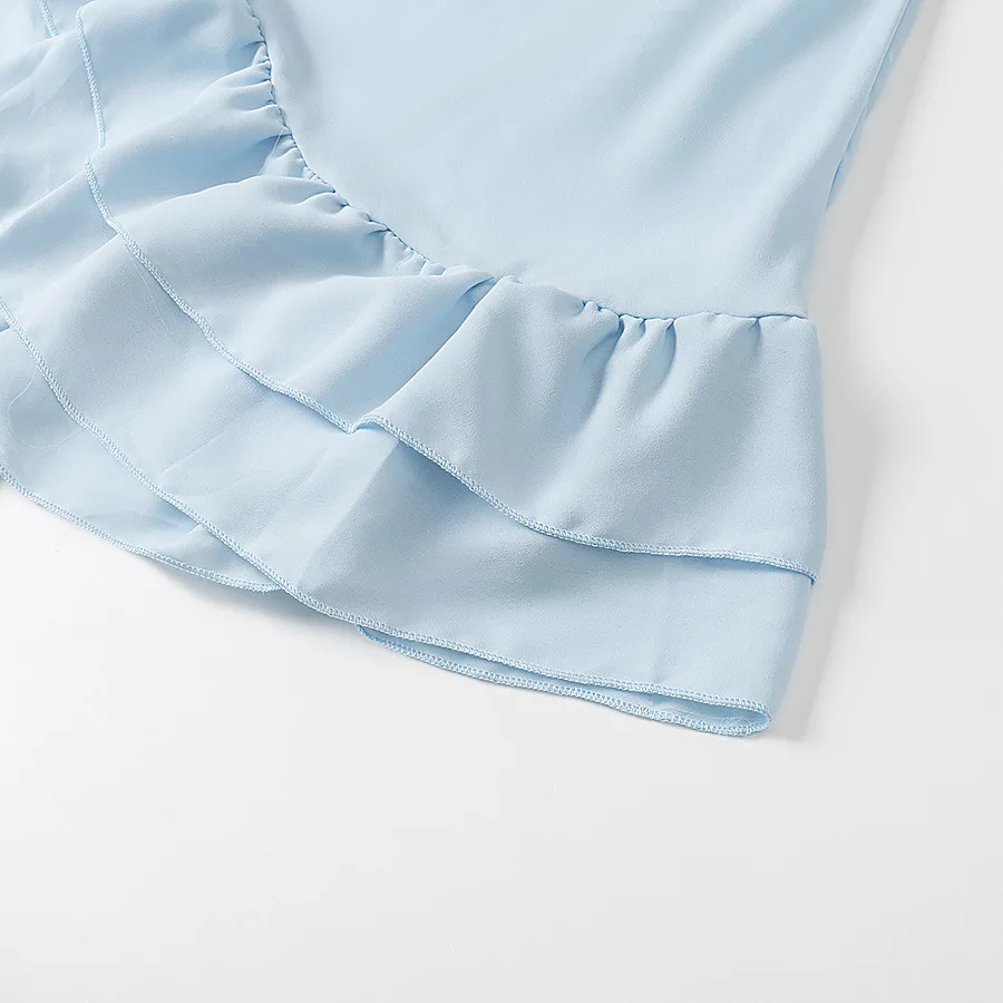 2025 ผู้หญิงใหม่ผู้หญิง Ruffle ชุดมินิชีฟองหลวมคอทรัมเป็ตแขนชุดสีฟ้า 2025 ฤดูร้อนผู้หญิงชุดวันหยุด