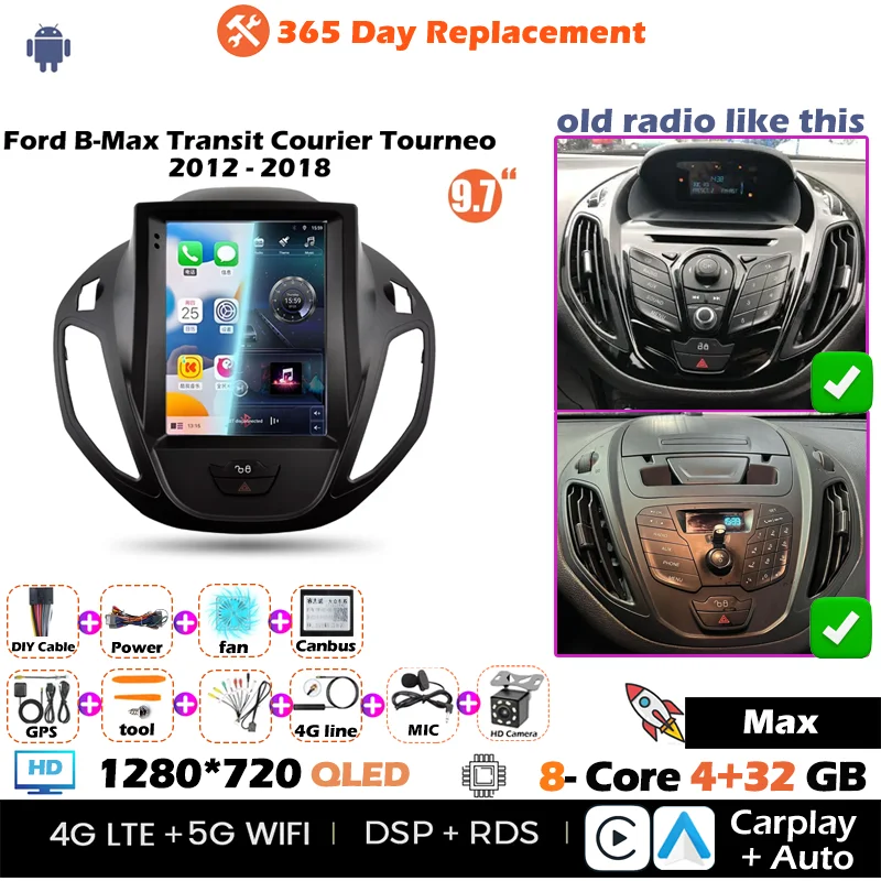 Nieuwste 9.7 "Multimedia Speler Upgrade voor Ford B-Max Transit Courier Tourneo 2012-2018 Android 13 Autoradio CarPlay Android Auto