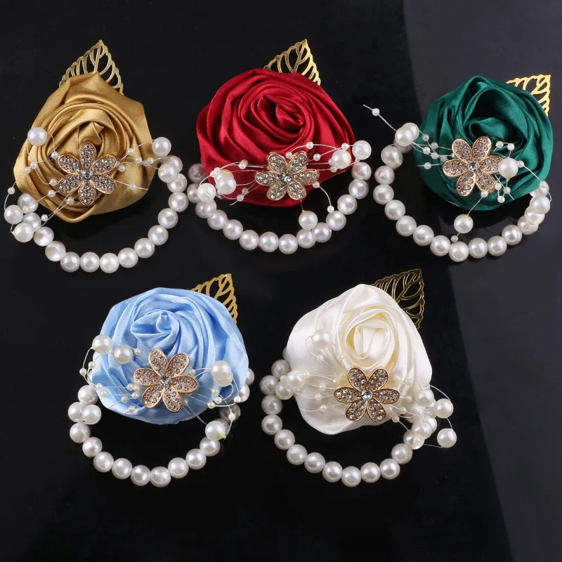 

Сатиновый цветочный бутоньерка с жемчугом для невесты и подружек невесты, элегантное украшение для свадебной церемонии