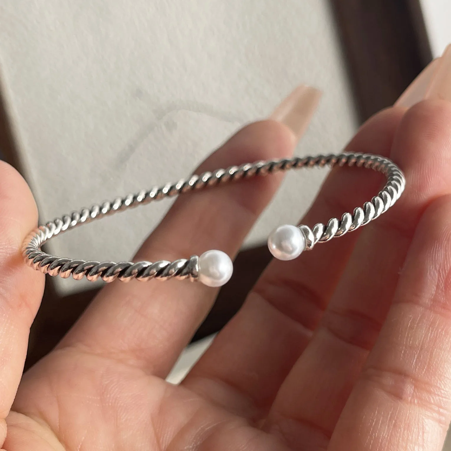 

100% Solid 925 Sterling Silver Retro Bracelet for Women Men Vintage Handmade Narrow Pearl Simple Bracelet Birthday Gift
