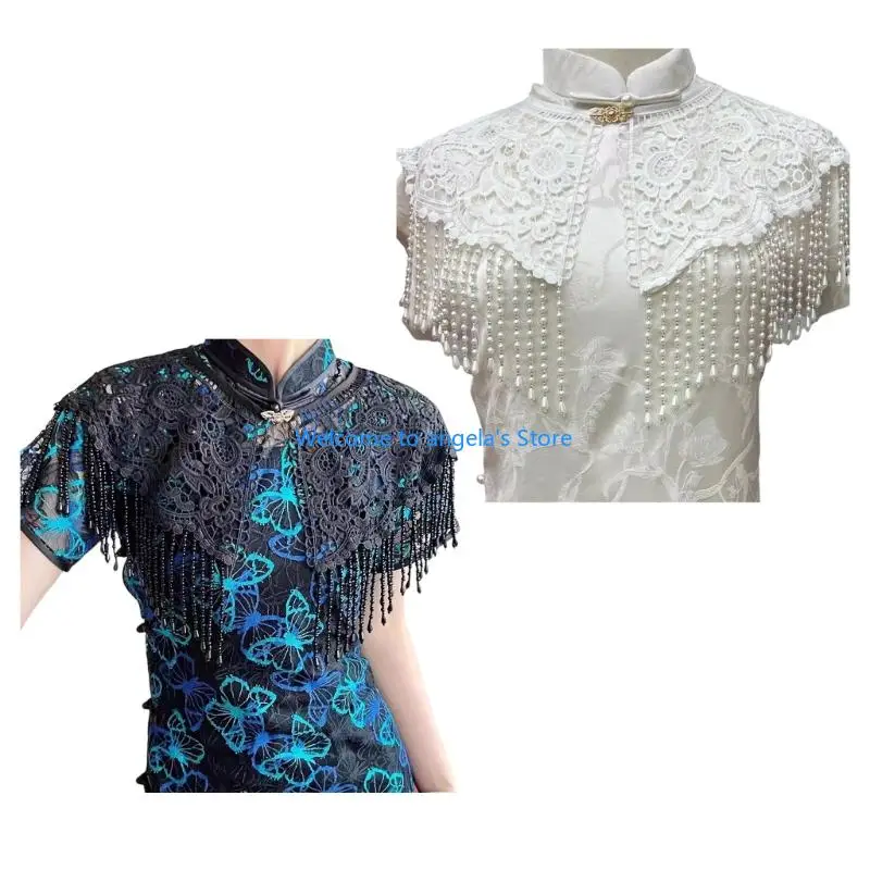 

X4YC Imitation Pearls Embellished Cloud Shoulder Scarf Lightweight Polyester Blend Capelet Shawl for Festivals Daily Wear