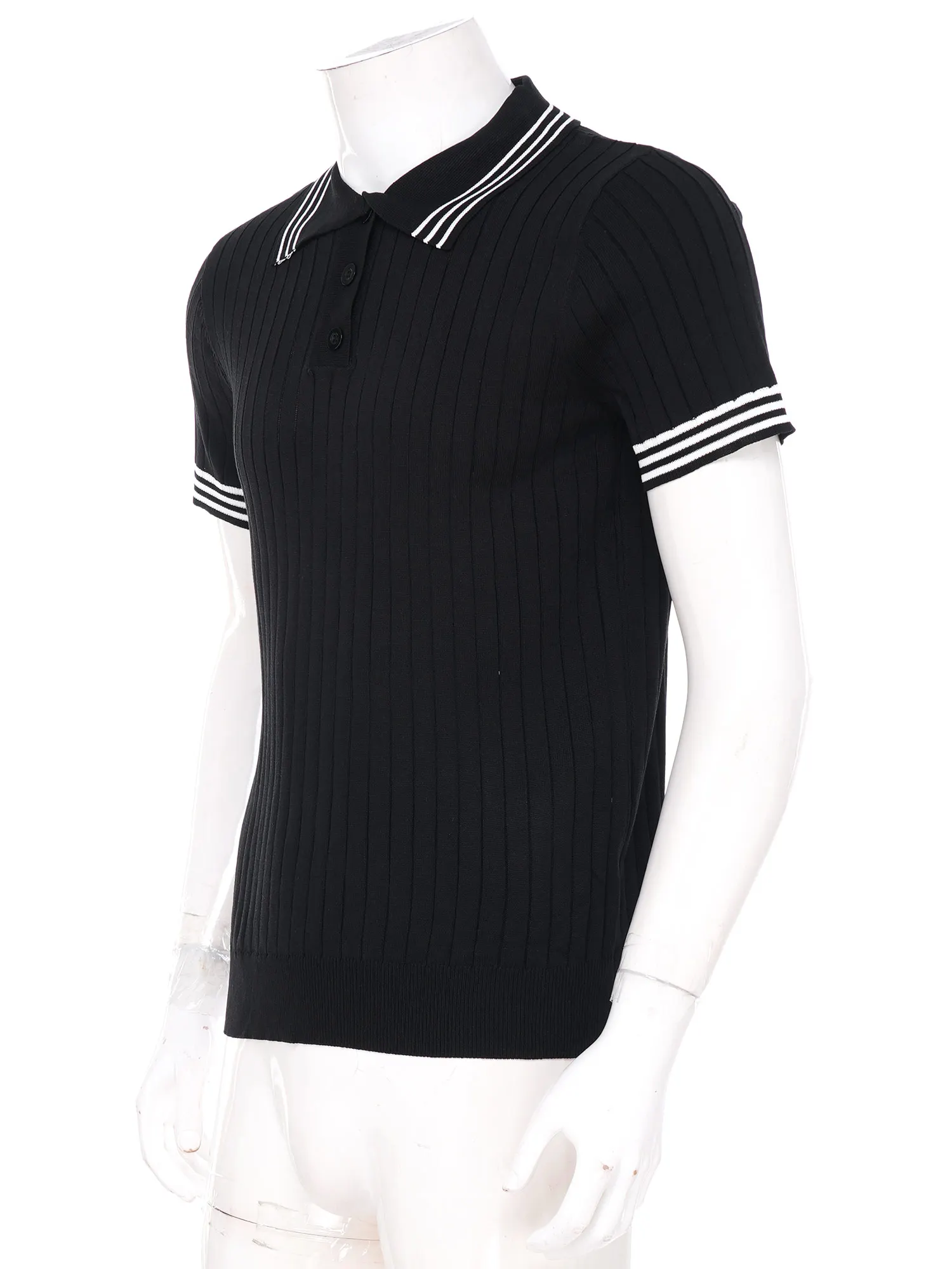 Men Stretchy Ribbed Knit T Shirt Lapel Short Sleeves Striped Trim Button Placket Breathable Soft for Office Daily Business