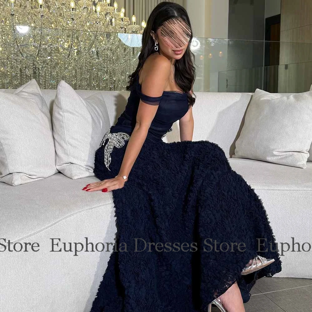 فساتين سهرة فاخرة 2025 تول على شكل حرف a فستان عيد ميلاد أزرق كحلي بدون حمالات مطوي أحجار الراين/كريستال نمط فساتين لحضور الحفلات الموسيقية طويلة #2