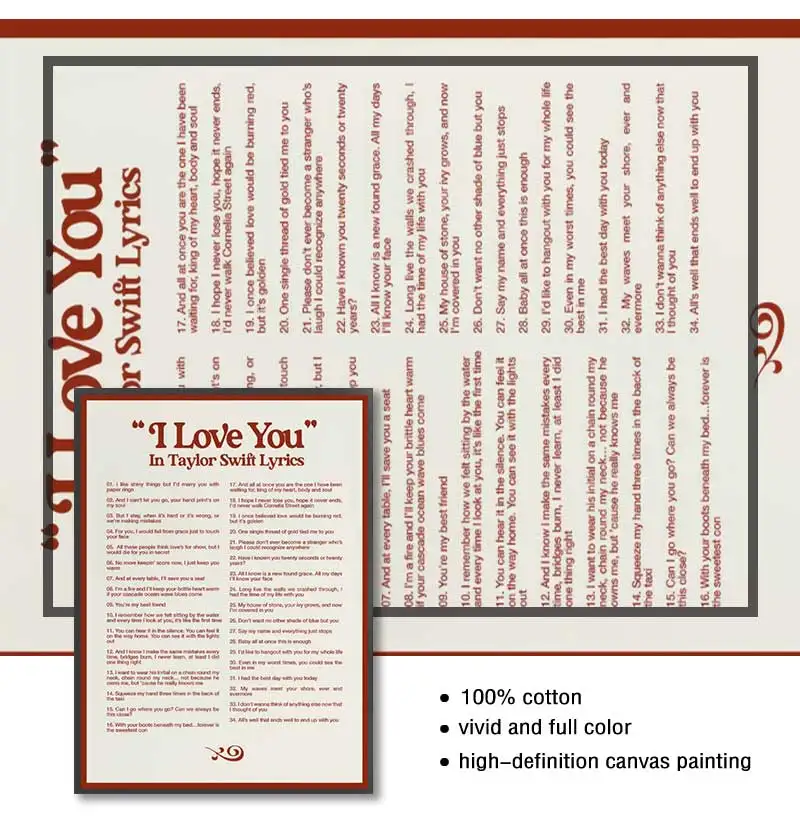 Canvas Painting Wall Art Pictures, Music Quotes, I Love You In Taylor, Swift Song Way Poster, Retro Singer, Home Room Decor