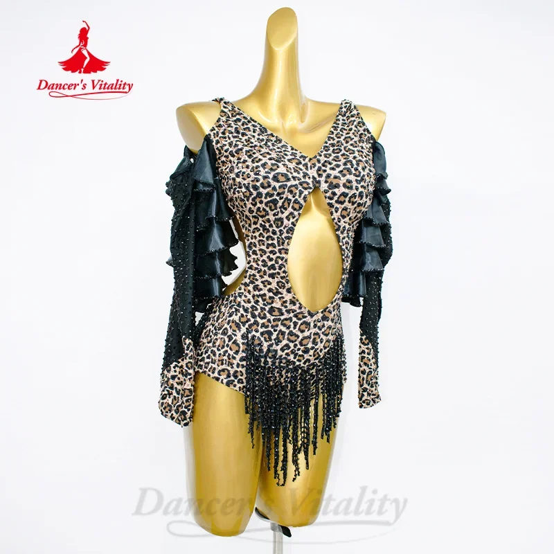 Vestidos de baile latino personalizados, vestido Sexy con estampado de leopardo y borlas, vestido de competición de Tango Samba Rumba para adultos y niños