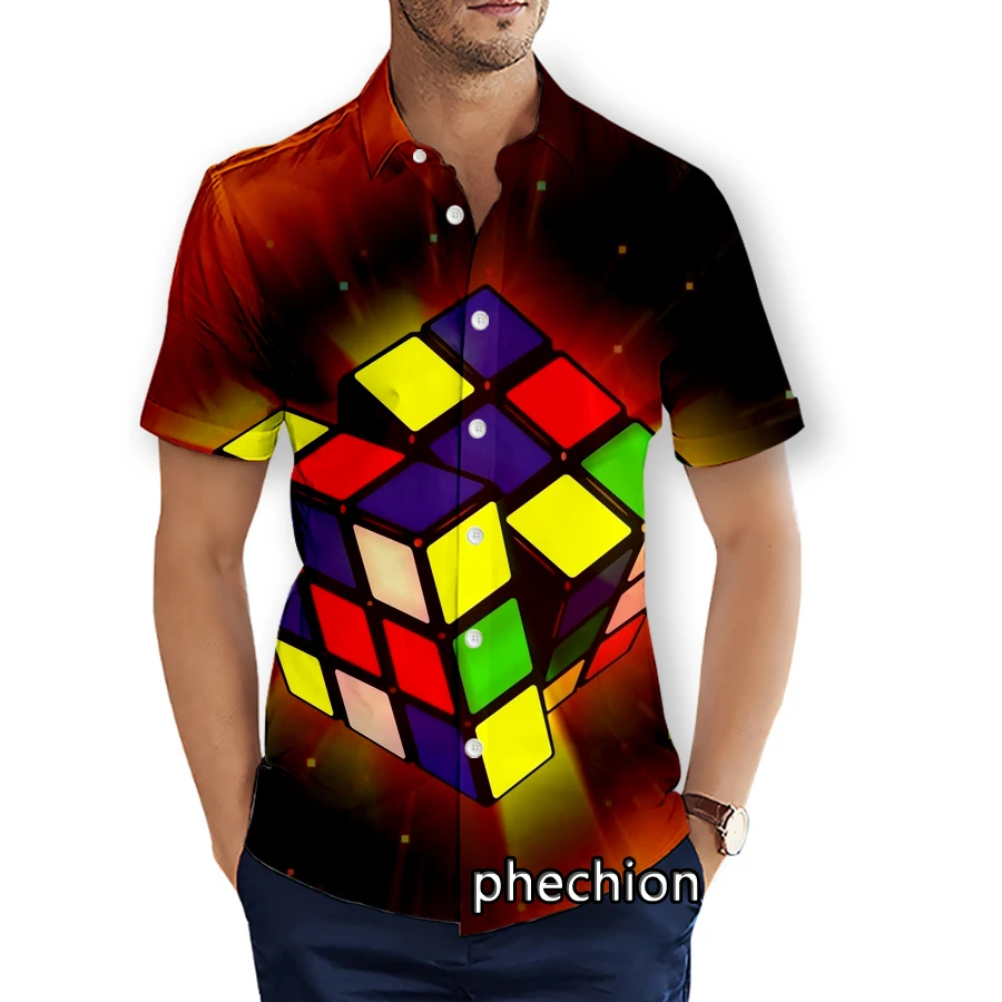 

phechion Summer Mens Short Sleeve Beach Shirts Rubik's Cube Art 3D Printed Casual Shirts Fashion Streetwear Men Tops X118