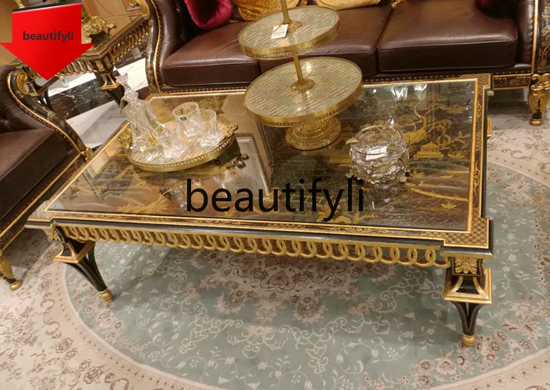 

A16 Европейский французский новый китайский стиль, ручная роспись, позолоченный павильон, черный прямоугольный чайный столик из цельного дерева