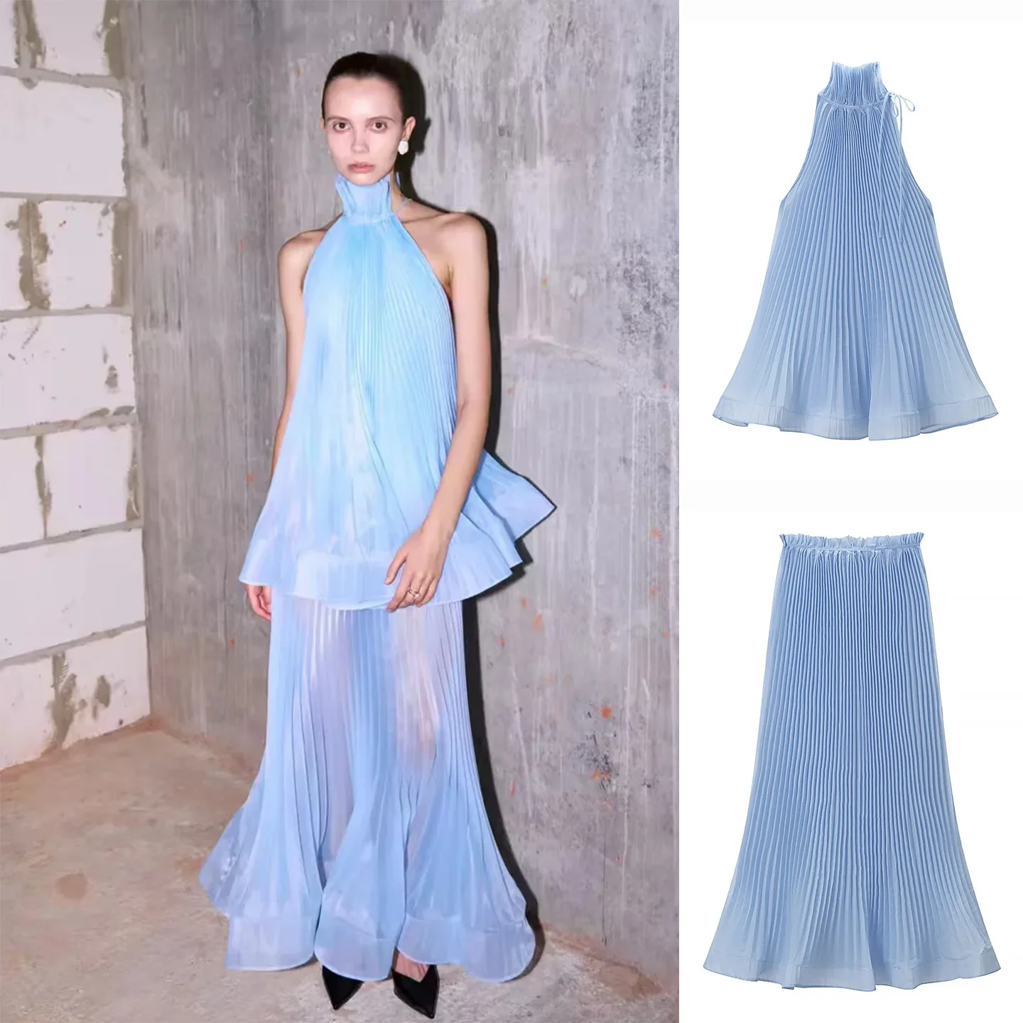 

Summer New Women's Long Zipper Style Sleeveless Collar Halter Neck Full Skirt High Waist Pure Color Fashion Set High Waist