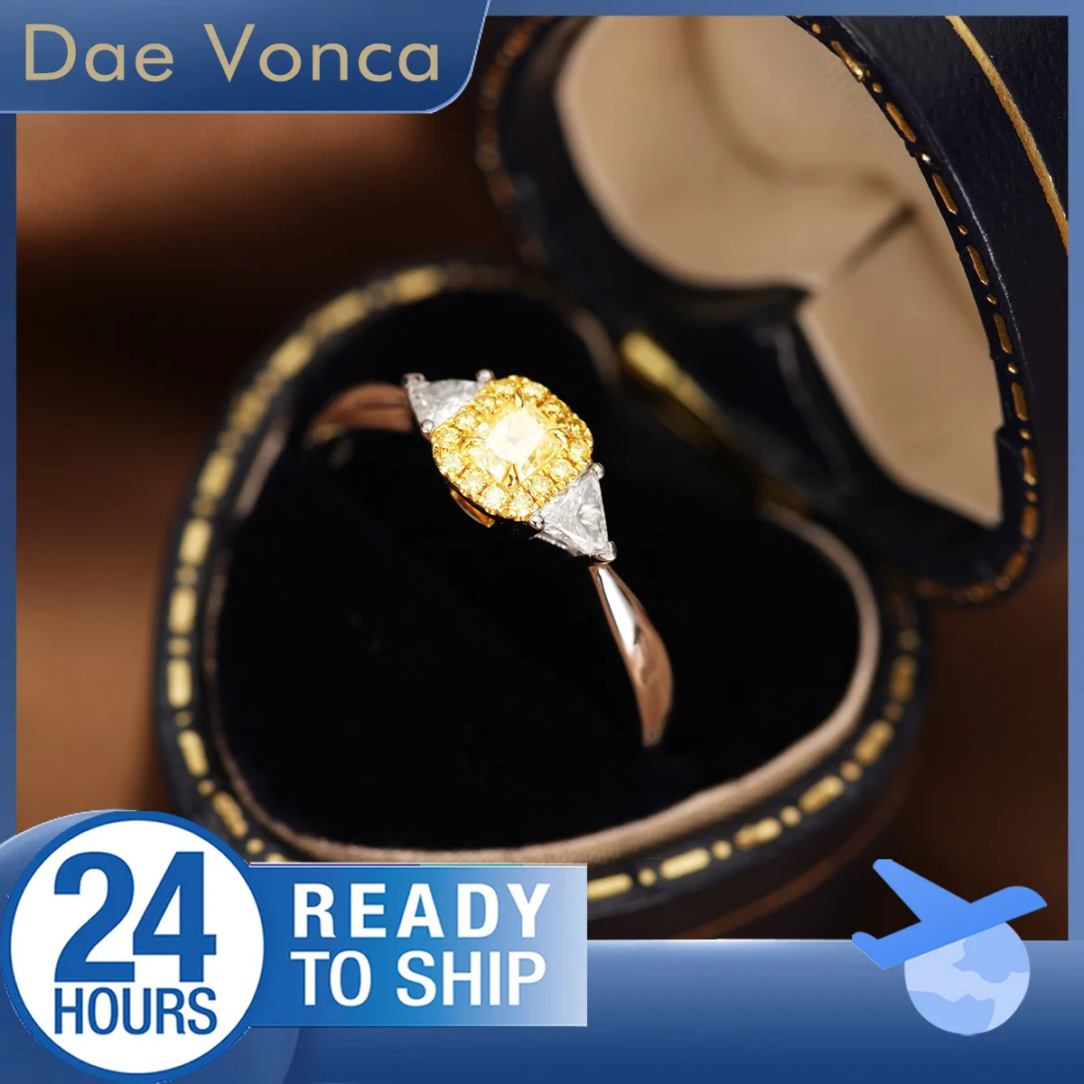 

18K White Gold Three Stone Diamond Ring Trilliant Side Stone Natural Diamond Yellow Cushion Diamond Halo Ring For Engagement