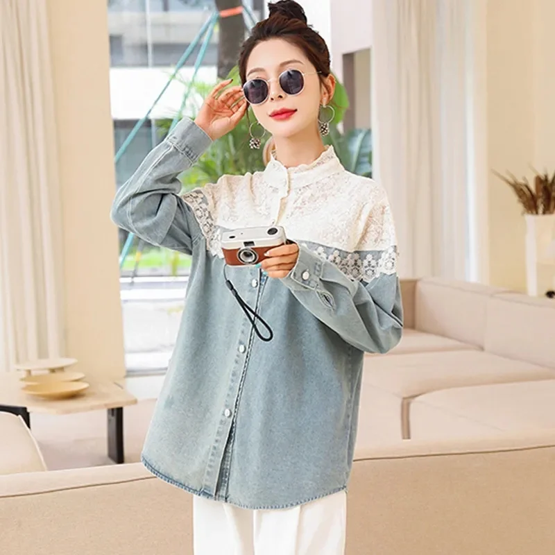 

Весенне-летняя высококачественная джинсовая рубашка, женская куртка-рубашка, новинка 2025, модная корейская версия рубашки с контрастной строчкой и кружевным воротником