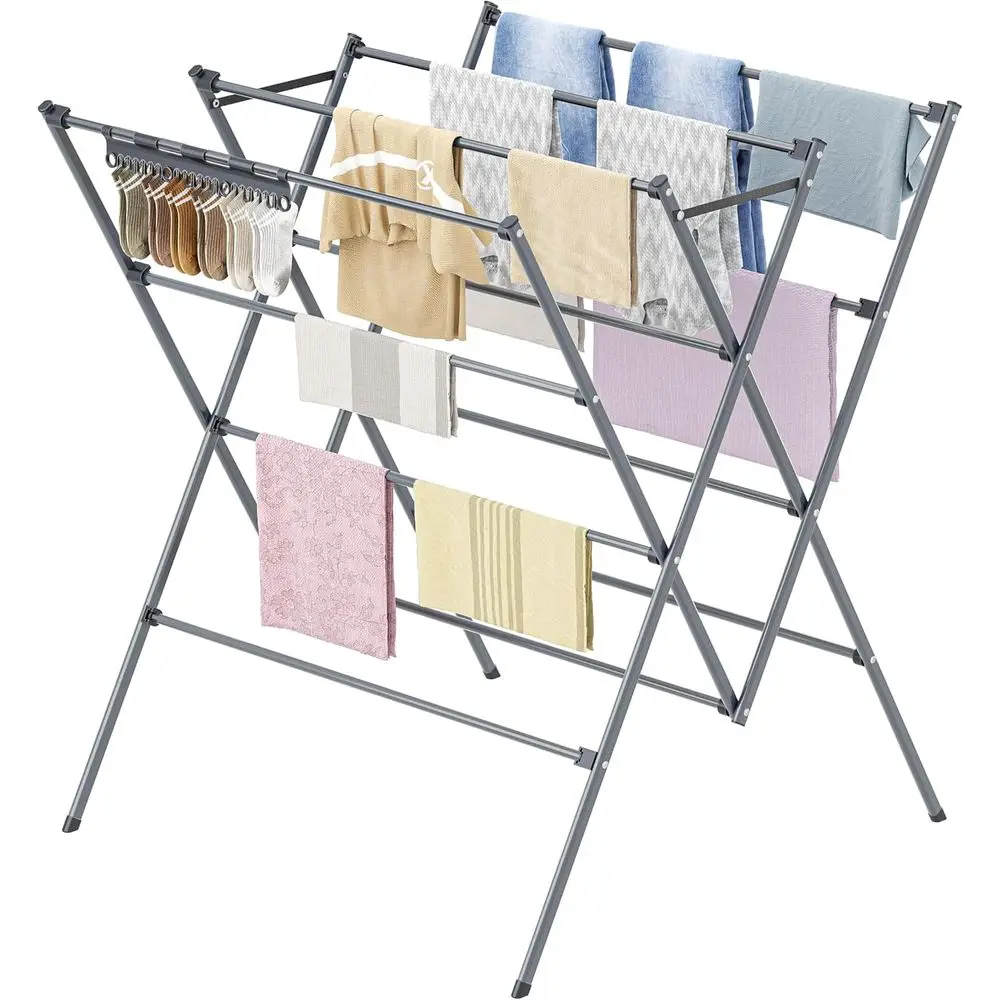 

Large Capacity 12-Pole Folding Drying Rack with Sock Clips for Indoor/Outdoor Clothes and Towels - Silver