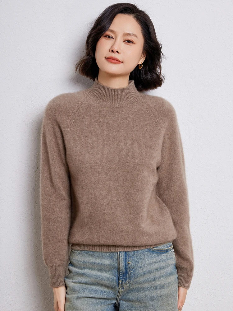 Autumn Thicken 100% Pure Wool Sweaters Women\'s Semi-Turtleneck Knitted Pullover Casual Loose Long-Sleeved Jacket New Base Shirt