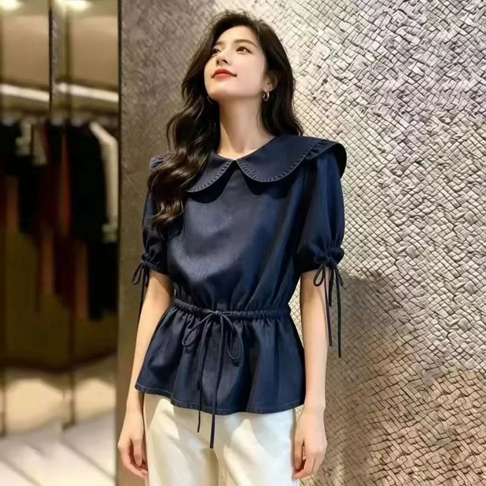 

High-quality Summer New Denim Shirt Women Fashion Temperament Korean Casual All-match Lady puff ed Sleeves Cowboy Blouse Female
