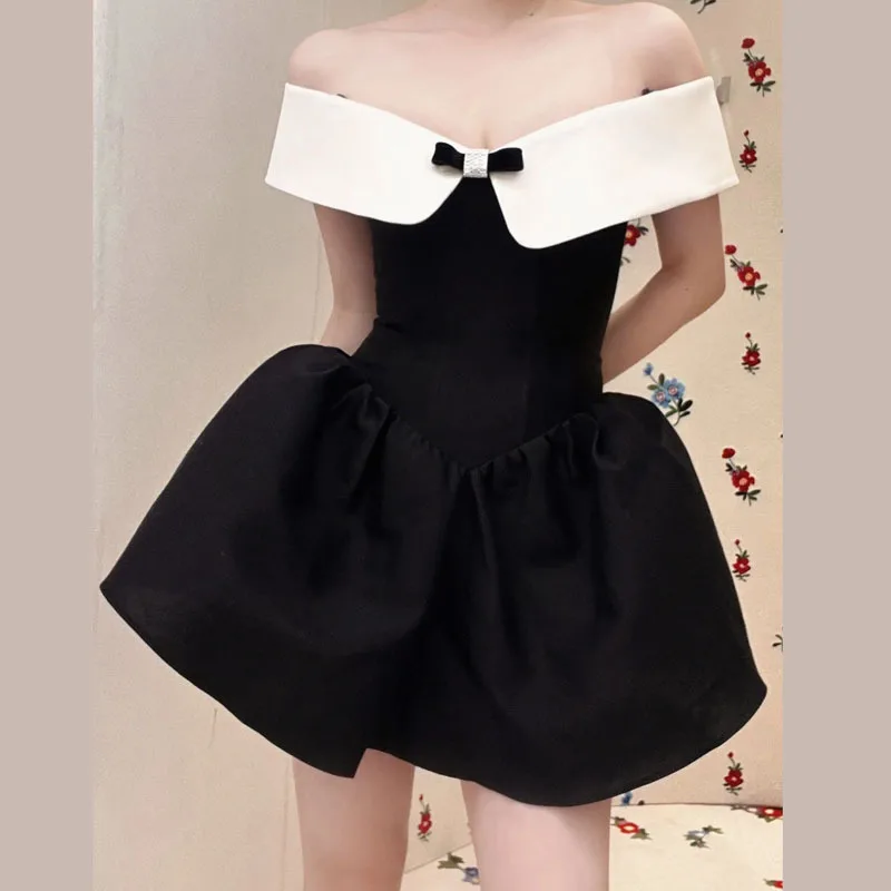 French Hepburn Style One Shoulder Dress Women Sweet Slash Neck Vintage Contrast Color Summer A-line Mini Dress Elegant Chic