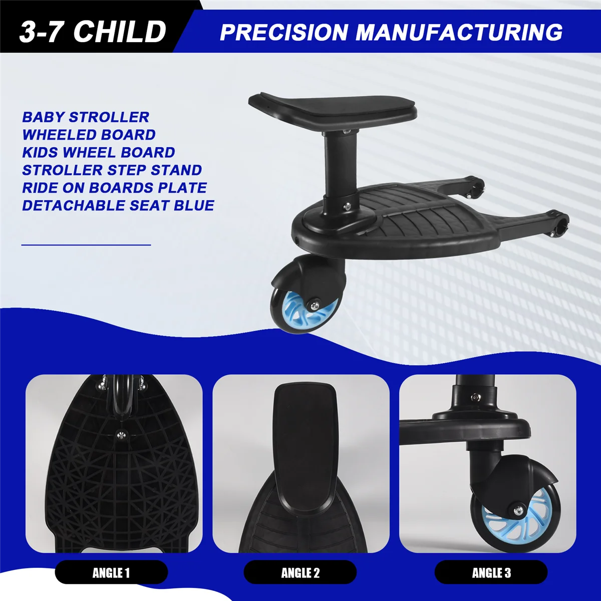 AM-Baby Stroller Wheeled Board Kids Wheel Board Stroller Step Stand Ride on Boards Plate Detachable Seat Blue