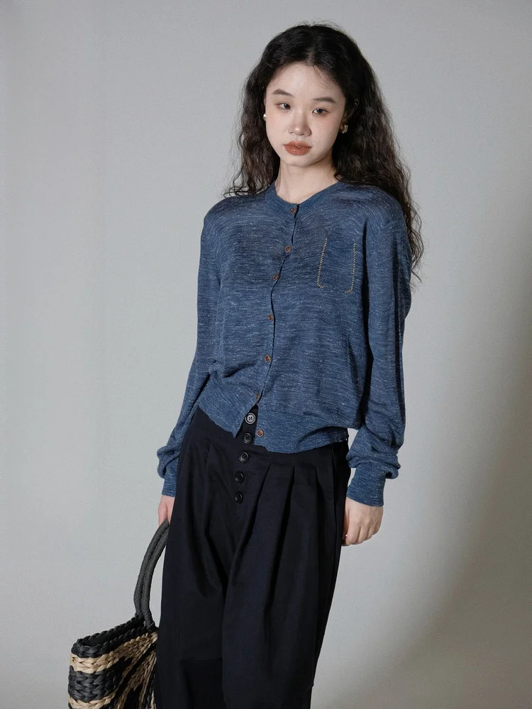 

Loose Knitted Long Sve Flower Patterned Cardigan Ivy Yang Linen Mixed Fiber round Ne Top Women's Faion Autumn New Sle