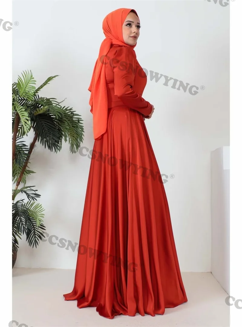 Red Satin Appliques Muslim Evening Dress Long Sleeve A Line Islamic Formal Party Gowns Arabic Dubai Women Robe De Soirée