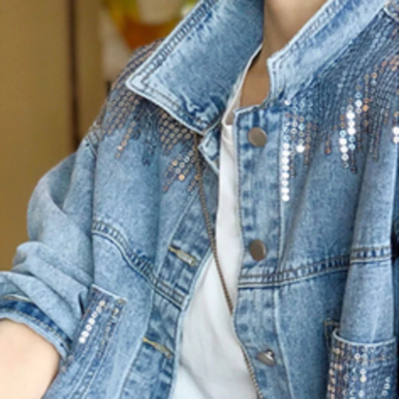 Blue Short Sequin Pocket Denim Jacket Women\'s Casual Denim Spring Autumn New Loose Fashion Jeans Jacket Women Long Sleeve Coat