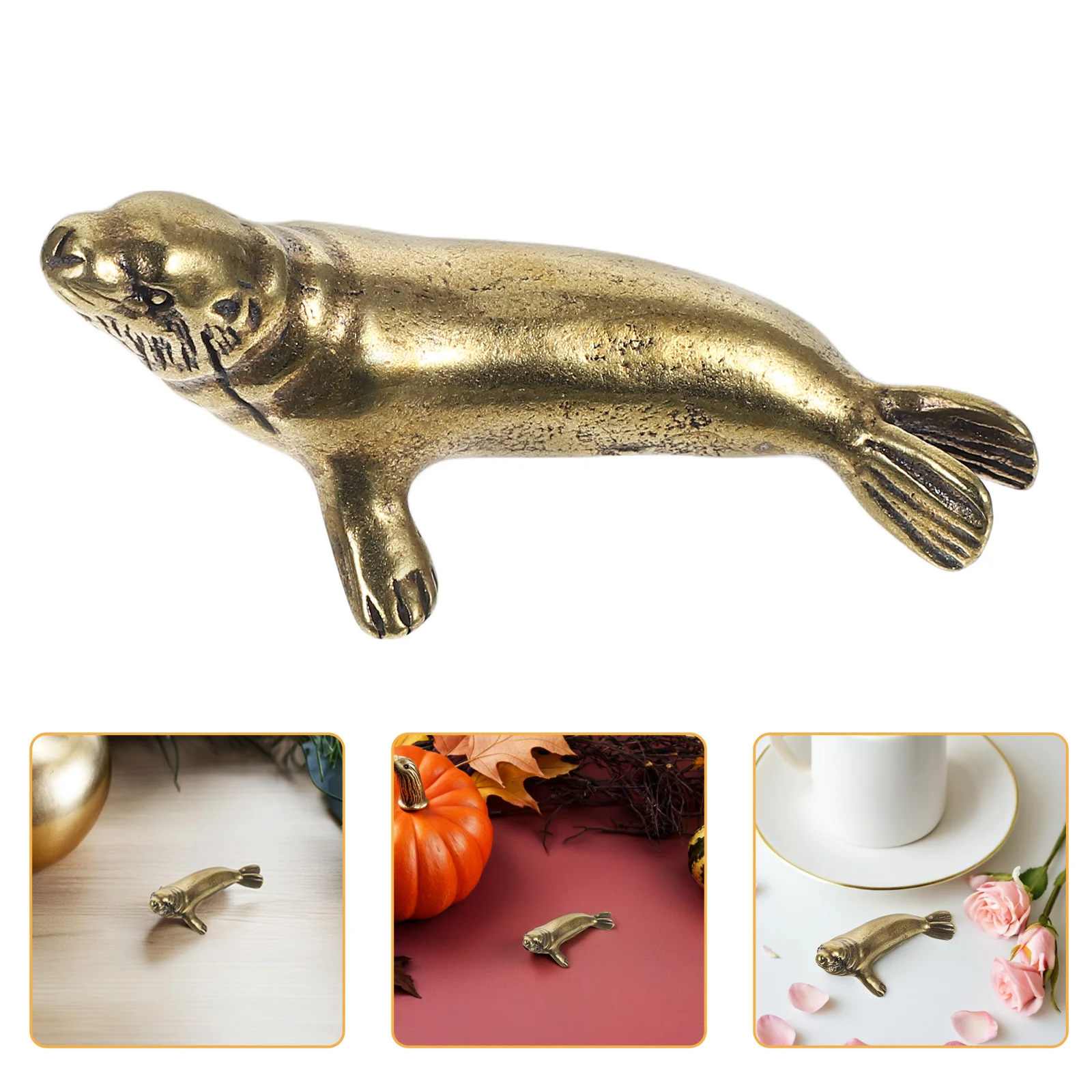 

Tiny Brass Seal Statue Vintage Aquatic Animal Decoration for Desk Bookshelf Living Room Office Space Retro