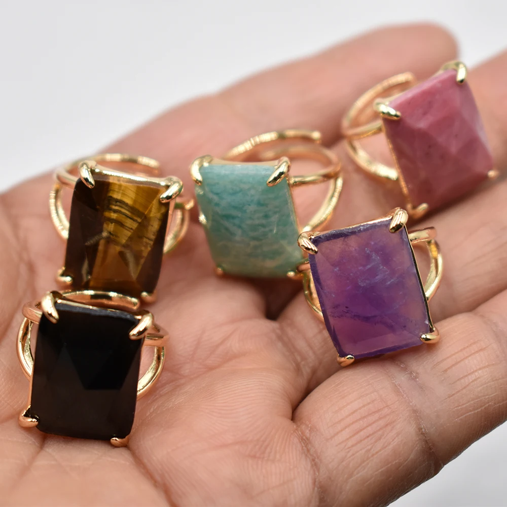 Wholesale 5pcs/lot Natural Tiger eye Stone amethyst cut faceted Slice Open Rings  Women Men Jewelry Wedding Engagement Ring Set