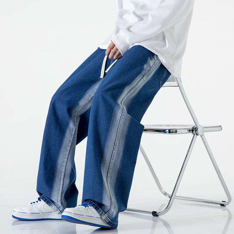 Celana Jeans Pria Model Baggy Straight Fashion Motif Garis Tie Dye Pinggang Elastis Tali Serut Kasual Vintage Denim Streetwear