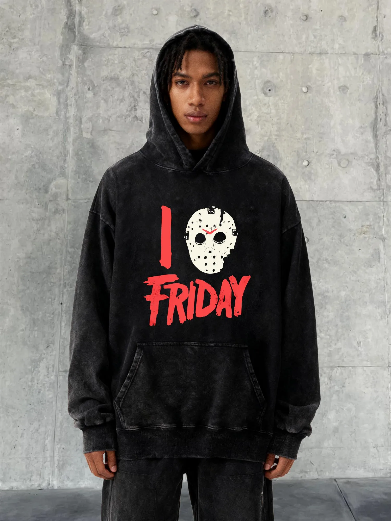 เสื้อฮู้ดดี้ Friday Mask Emblem Man 400 กรัม ผ้าหนา ซักแล้ว ทรงหลวม ดีไซน์ไหล่ตก คอลเลคชั่น AW