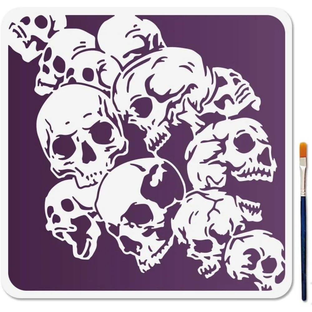 Plantilla de fondo de calavera, plantilla de pila de calavera de 11,8 × 11,8 pulgadas con pincel, plantilla de calavera de terror reutilizable para pintar