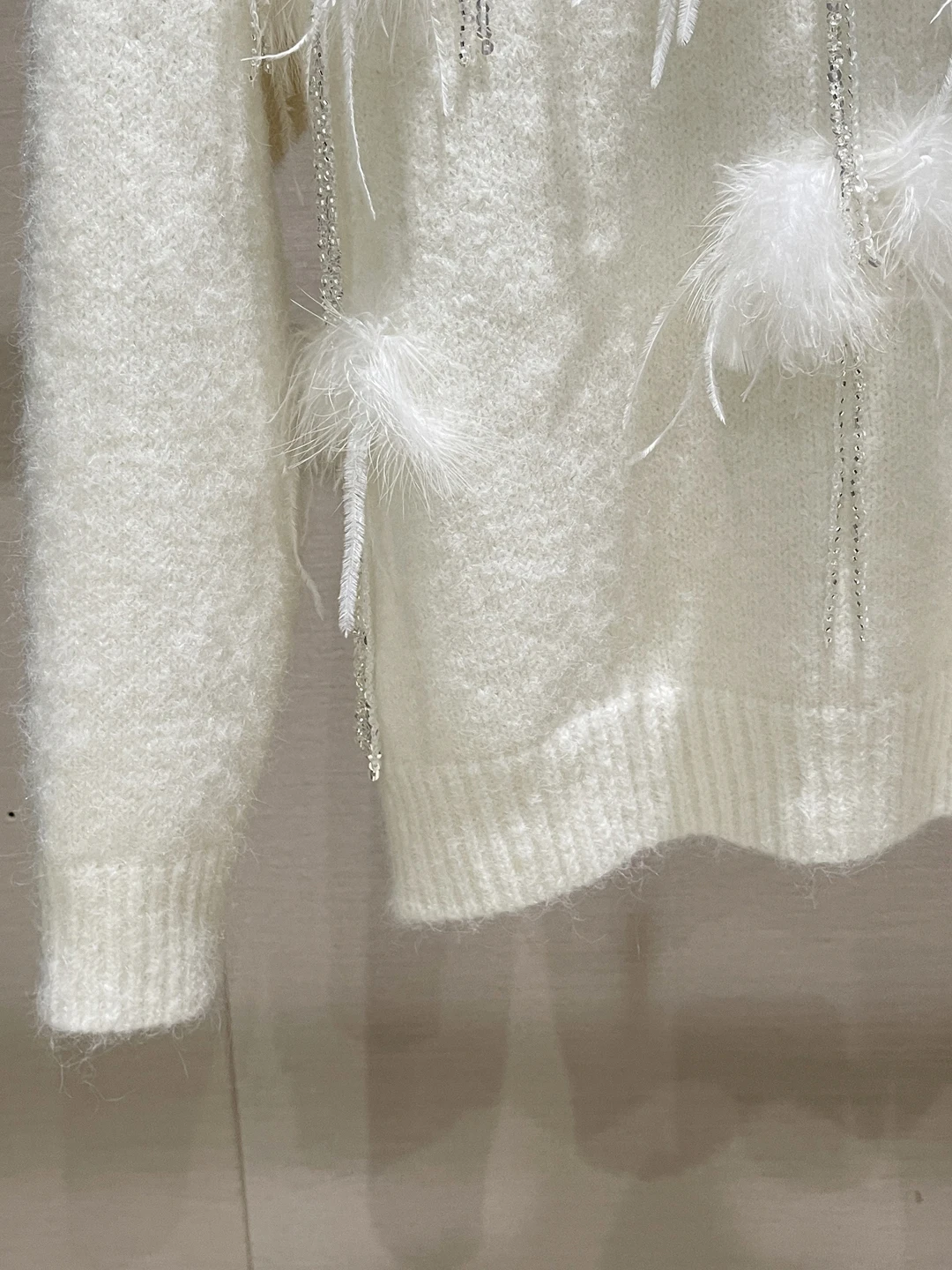 Lace Splicing Knitted Sweater Women's Casual Sle Long Sve round Ne Feather Flower Patterned White Overhead Knitwear