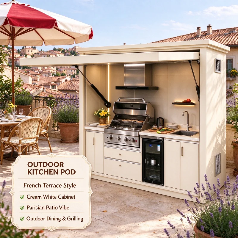 Modular Outdoor Kitchen BBQ Pod Island Grill Station Aluminum Pergola Stainless Steel Cabinet Sink Fridge Shed Patio Deck Unit