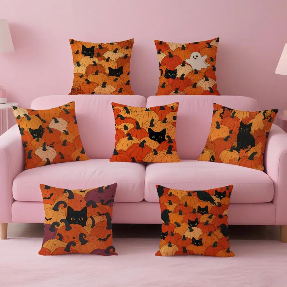 Halloween Pumpkin Black Cat Ghost Cushion Cover Comfortable Double Sided Pillow Cover For Car Sofa Bedroom & More