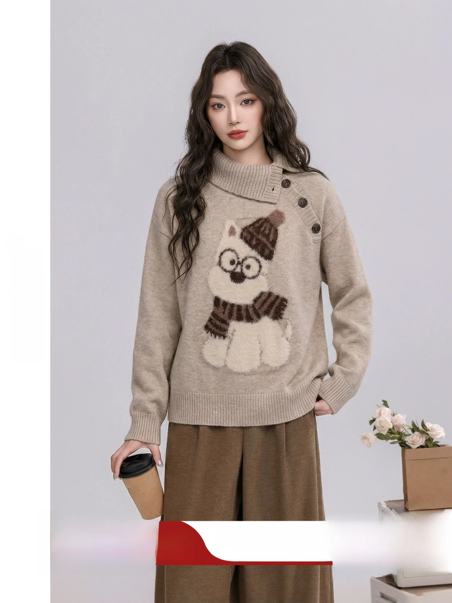 

Warm Fleece Women's Sweater Cartoon Embroidery Gentle Dog Design Korean Style Winter Top Soft Polyester Blend Long Sleeve Hig...