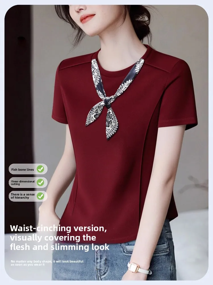 

French Style Women's Scarf Tie Neck T-Shirt Summer Loose Fit Blouse Elegant Lightweight Stylish Tunic Top with Design Detail