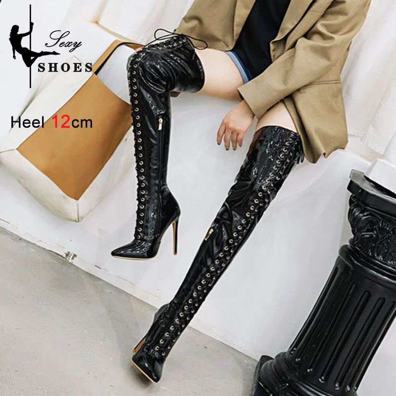 Autumn Winter Over The Knee Women Boot Nightclub Stripper Heels Side Zipper 12CM Pointed Toe Ladies Shoes White Thigh High Boots